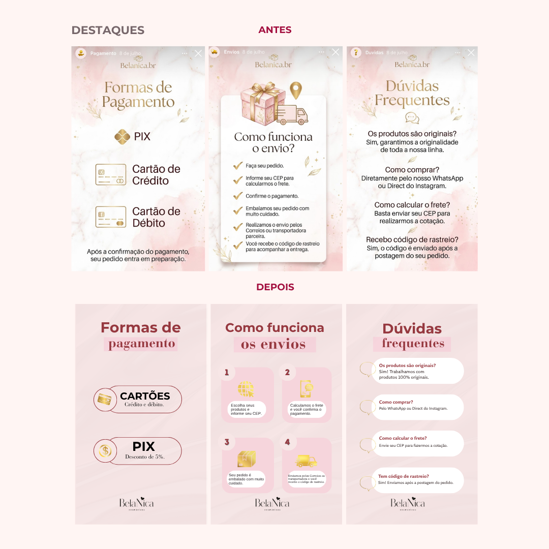 Destaques de pagamento, envio e dúvidas frequentes da BelaNica