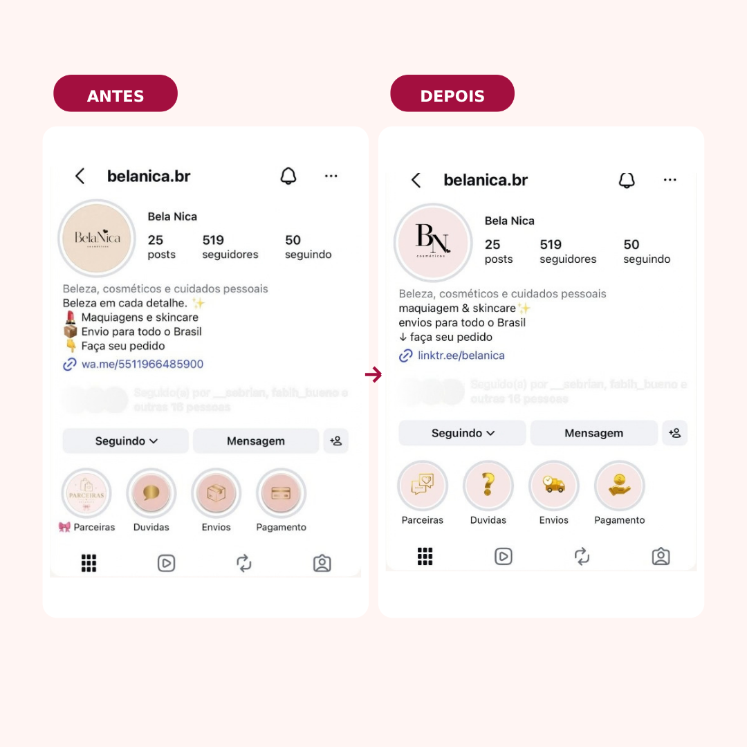 Perfil da BelaNica antes e depois da transformação